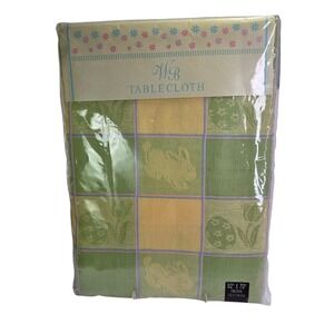 Spring Tablecloth 52 x 70 Oblong Bunnies Eggs Green Yellow Fabric Easter New